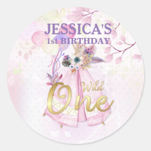 Wild One First Birthday Pink TeePee Boho Ronde Sticker