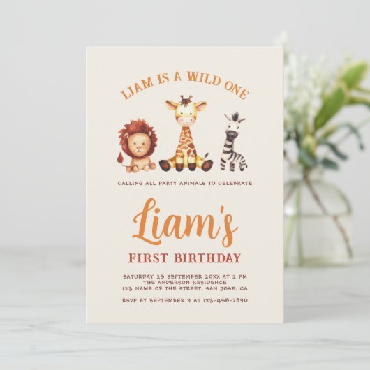 Wild One First Birthday Waterverf Safaridieren Kaart (Staand voorkant)