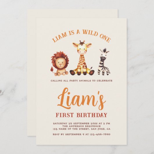 Wild One First Birthday Waterverf Safaridieren Kaart (Voorkant / Achterkant)