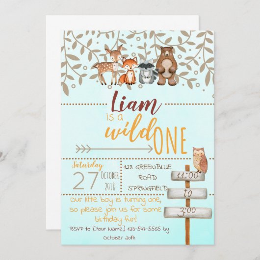 Wild One First Birthday Woodland Theme Uitnodiging (Voorkant / Achterkant)