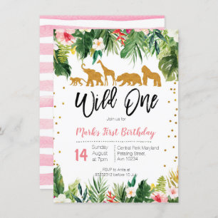 Wild One Floral Birthday Invitation Oerwoud Animal Kaart