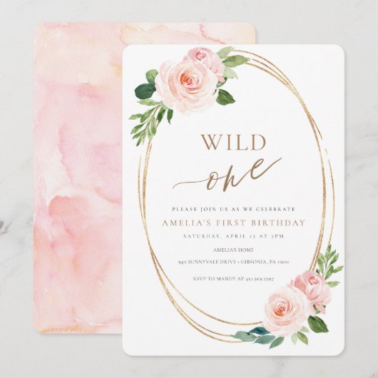 Wild One Floral First Birthday Invitation Girl Kaart (Voorkant / Achterkant)