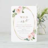 Wild One Floral First Birthday Invitation Girl Kaart (Staand voorkant)