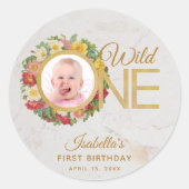 Wild One Floral Foto Roos Krans Eerste Verjaardag Ronde Sticker (Voorkant)