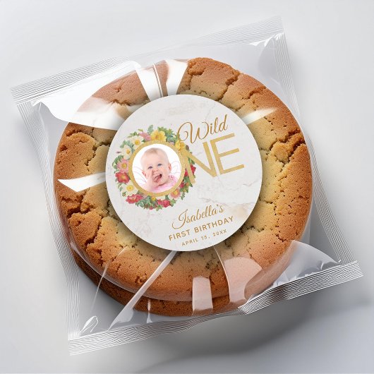 Wild One Floral Foto Roos Krans Eerste Verjaardag Ronde Sticker