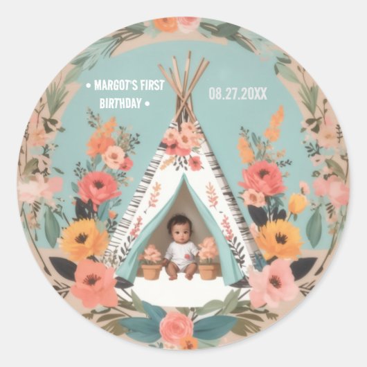 Wild One | Floral Teepee First Birthday Stickers (Voorkant)