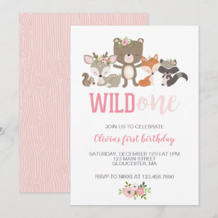 Wild One Floral Woodland Animal First Birthday Inv Kaart