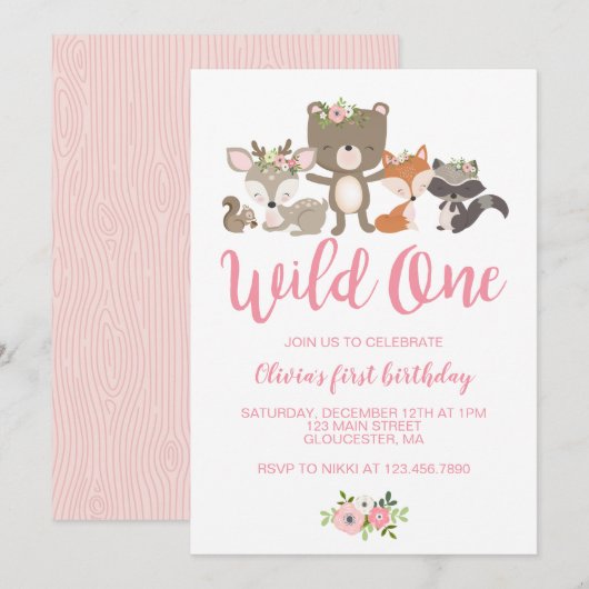 Wild One Floral Woodland Animal First Birthday Inv Kaart (Voorkant / Achterkant)
