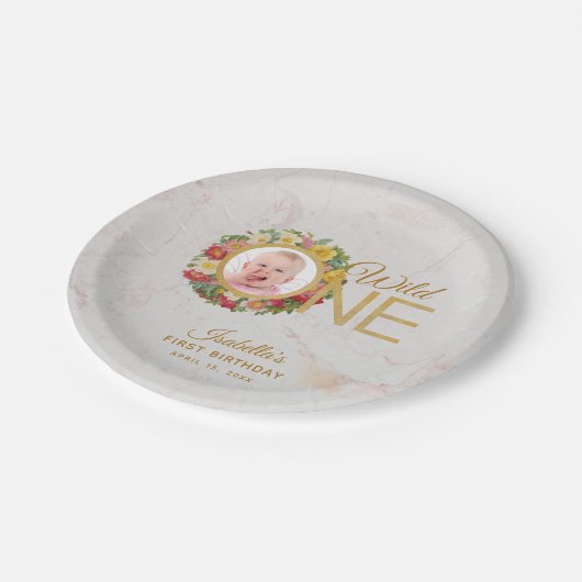 Wild One Foto Roos Krans Eerste Verjaardag Marmer Papieren Bordje (Gekanteld)