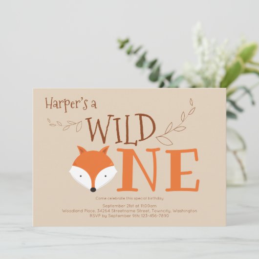 Wild One Fox Animal First Birthday Invitation Kaart (Staand voorkant)