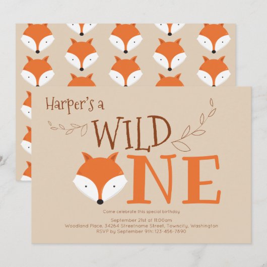 Wild One Fox Animal First Birthday Invitation Kaart (Voorkant / Achterkant)