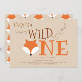 Wild One Fox Animal First Birthday Invitation Kaart