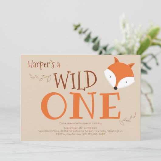 Wild One Fox First Birthday Invitation Kaart (Staand voorkant)