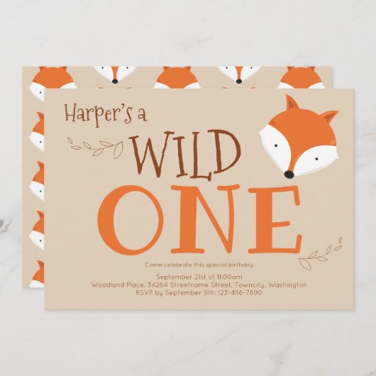 Wild One Fox First Birthday Invitation Kaart (Voorkant / Achterkant)