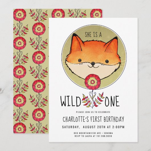 Wild One Fox First Birthday Kaart (Voorkant / Achterkant)