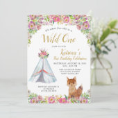 Wild One Fox Tribal Floral 1e verjaardag Uitnodigi Kaart (Staand voorkant)