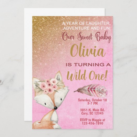 Wild One fox woodland 1e verjaardag uitnodiging. Kaart (Voorkant / Achterkant)