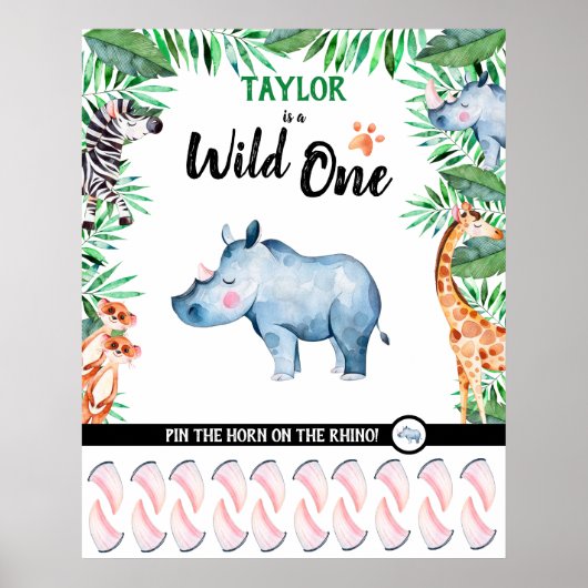 Wild One Game Safari Rhino 1st Birthday Oerwoud Poster (Voorkant)