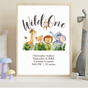 Wild One Geboorte Statistieken Jungle Safari Diere Poster
