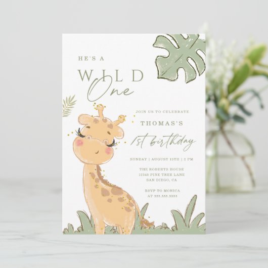 Wild One Giraffe 1st Birthday Uitnodiging (Staand voorkant)
