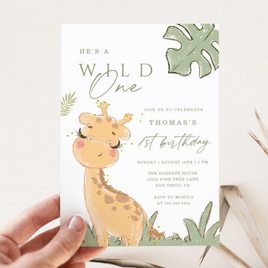Wild One Giraffe 1st Birthday Uitnodiging