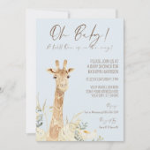 Wild One Giraffe Floral Pastel Blue Boy Baby Invit Kaart (Voorkant)