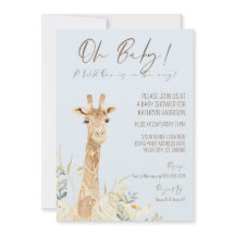 Wild One Giraffe Floral Pastel Blue Boy Baby Invit