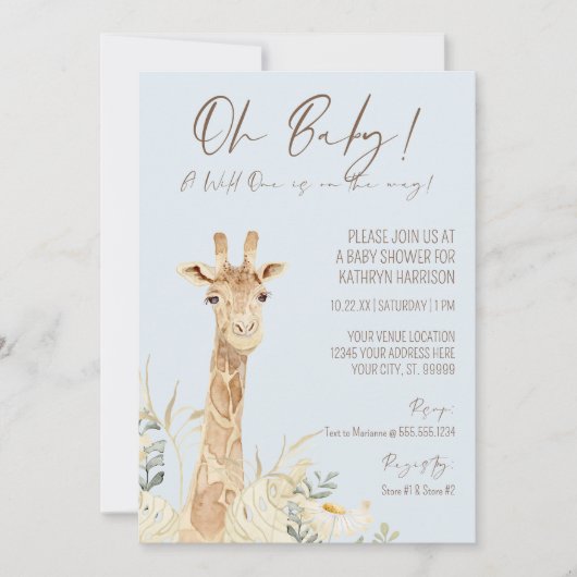 Wild One Giraffe Floral Pastel Blue Boy Baby Invit Kaart (Voorkant)