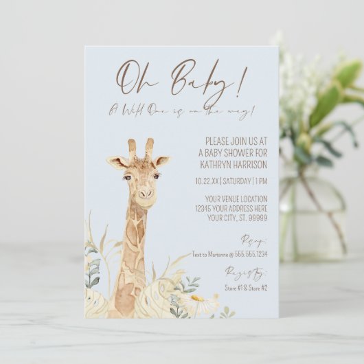Wild One Giraffe Floral Pastel Blue Boy Baby Invit Kaart (Staand voorkant)
