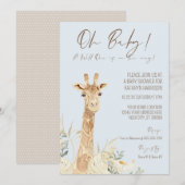 Wild One Giraffe Floral Pastel Blue Boy Baby Invit Kaart (Voorkant / Achterkant)