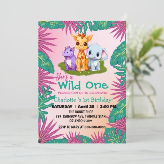 Wild One Giraffe Hippo oerwoud 1e dierenverjaardag Kaart (Staand voorkant)