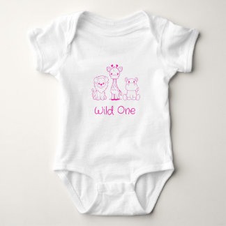 "Wild One" Giraffe, Lion, Hippo Roze Omtrek Romper