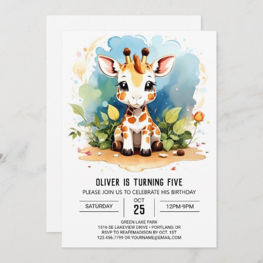 Wild One Giraffe Verjaardagsuitnodiging Kaart (Voorkant / Achterkant)