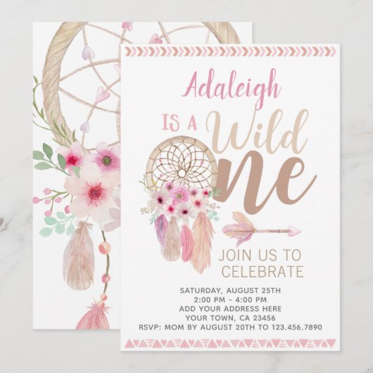 Wild One Girl Birthday Invitation, Dreamweaver Kaart (Voorkant / Achterkant)