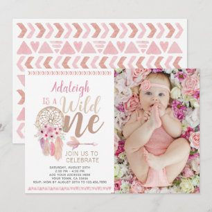 Wild One Girl Birthday Invitation met foto Kaart