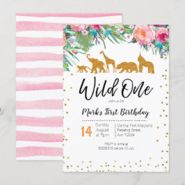 Wild One Girl Birthday Invitation Oerwoud Animals Kaart