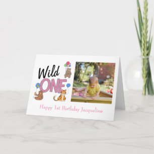 Wild One Girl First Birthday Oerwoud Animals Foto Kaart