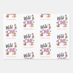 Wild One Girl First Birthday Safari Oerwoud Animal Inpakpapier Vel