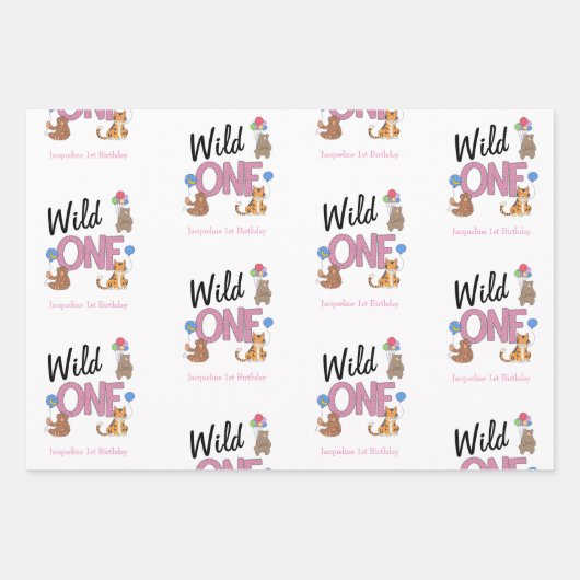 Wild One Girl First Birthday Safari Oerwoud Animal Inpakpapier Vel (Voorkant)