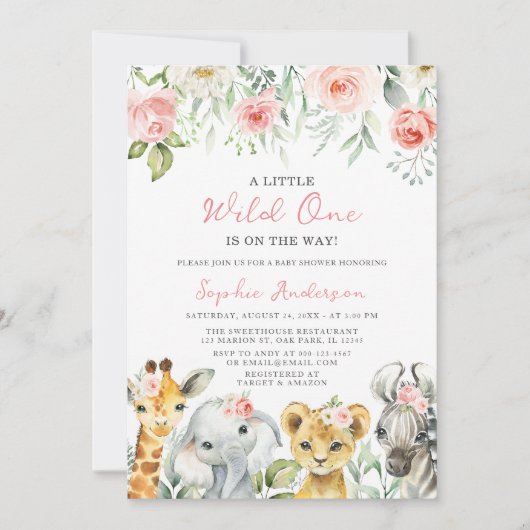 Wild One Girl Safari Oerwoud Animals Baby shower Kaart (Voorkant)