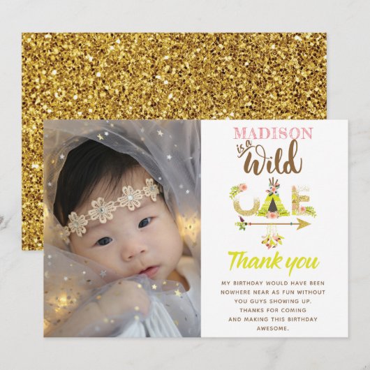 Wild One Girl Verjaardag Bedankt Gold Glitter (Voorkant / Achterkant)