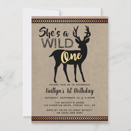 Wild One Girls First Birthday Party Invitations Kaart (Voorkant)