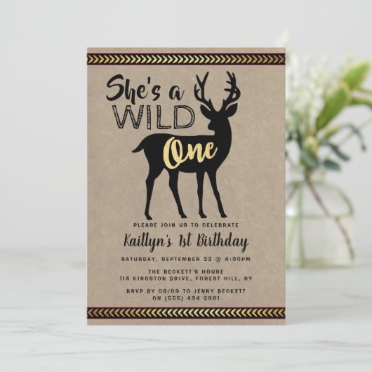 Wild One Girls First Birthday Party Invitations Kaart (Staand voorkant)