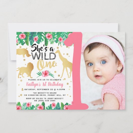 Wild One Girls Foto First Birthday Invitations Kaart (Voorkant)