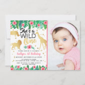 Wild One Girls Foto First Birthday Invitations Kaart (Voorkant)