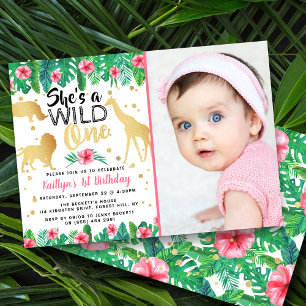 Wild One Girls Foto First Birthday Invitations Kaart