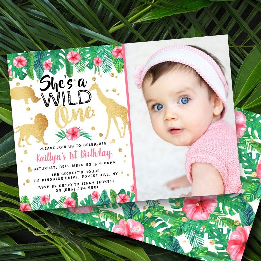 Wild One Girls Foto First Birthday Invitations Kaart