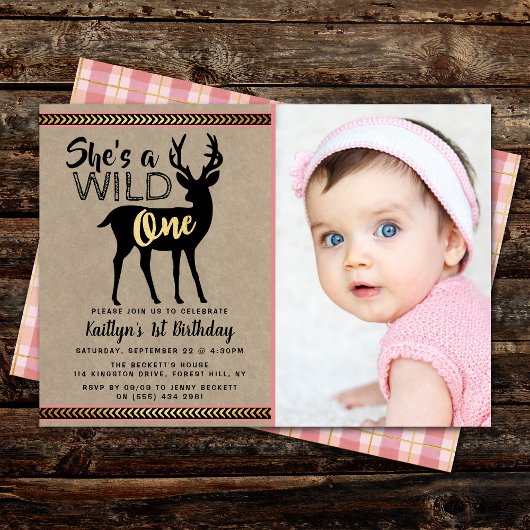 Wild One Girls Foto First Birthday Invitations Kaart
