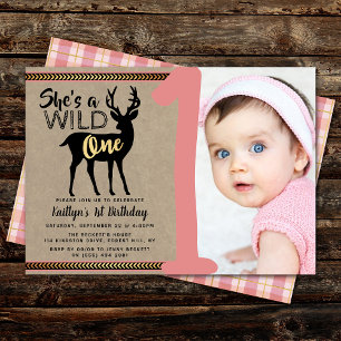 Wild One Girls Foto First Birthday Invitations Kaart