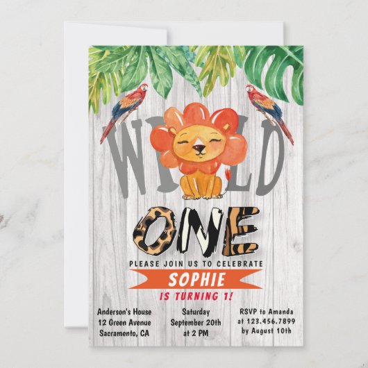 Wild One Girls Waterverf Safari Lion 1e verjaardag Kaart (Voorkant)